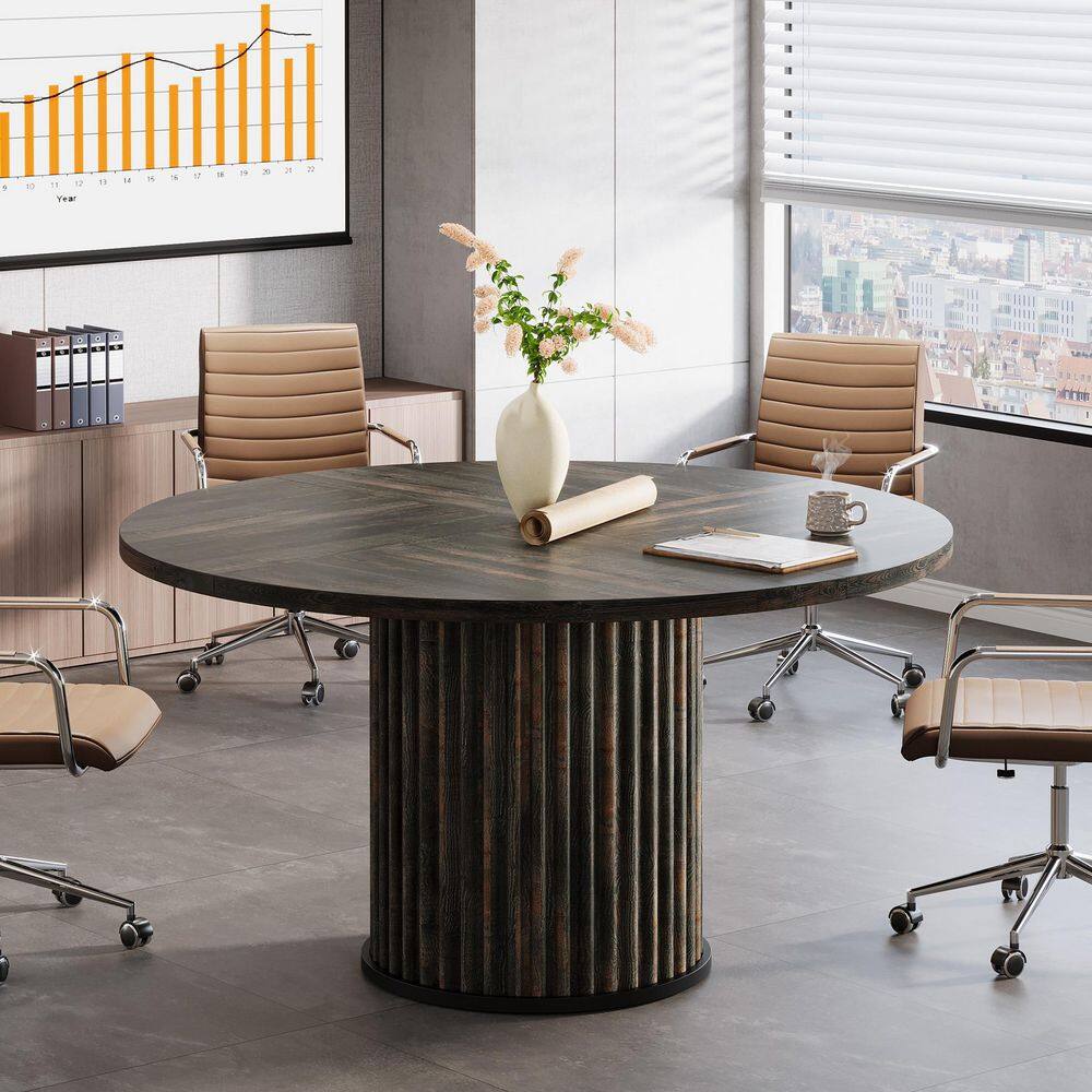 Halseey 47 in. Round Vintage Brown Wood Computer Desk Conference Table with Sturdy Metal Base for 4-6 Conference Room