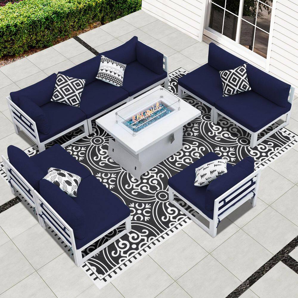 Extra Large White 9-Piece Aluminum Patio Fire Pit Conversation Set Deep Sea
