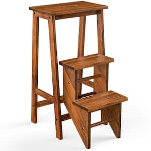 Coffee 3-Tier Folding Step Stool 3-in-1-Rubber Wood Ladder Storage Shelf