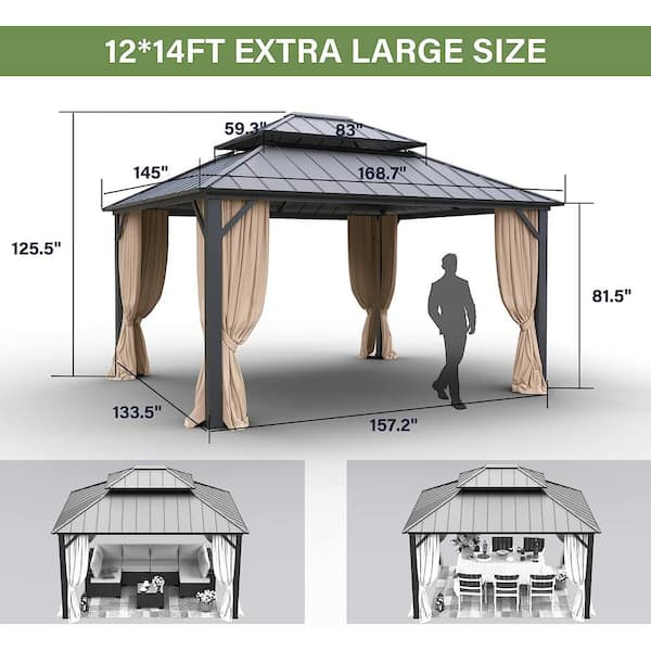 12 ft. x 14 ft. Gray Hardtop Gazebo with Curtain Sand