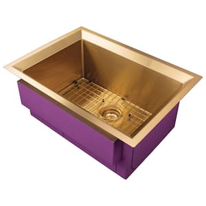 Studio 26 in. Undermount Single Bowl 14-Gauge PVD Satin Brass Stainless Steel Kitchen Sink with Sink Pocket