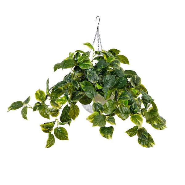 Nearly Natural 24in UV-Resistant Artificial Pothos Vine w/ LED Lights Hanging Basket
