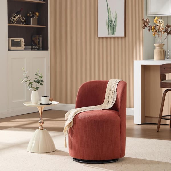 Filbert Orange Linen Upholstered Barrel Dining Chair, 360˚ Swivel Comfy Armless Chair