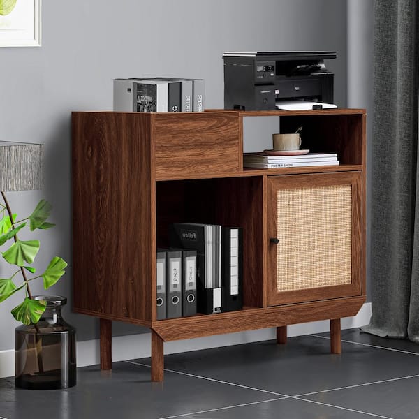 ATHMILE Walnut Rattan Record Player Stand Table Record Storage Cabinet 15.3 in. D x 32.6 in. W x 30.3 in. H WNT 6926C83 B