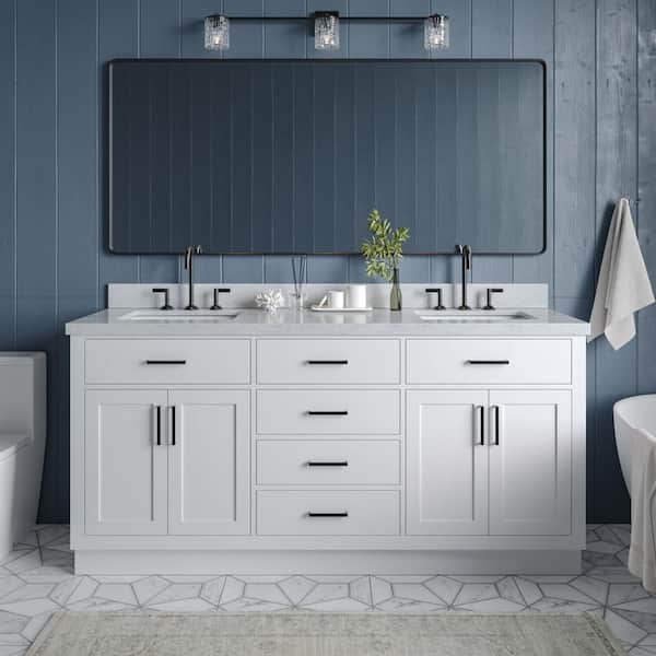 Hepburn 73 in. W x 22 in. D x 36 in. H Bath Vanity in White with White Carrara Marble Vanity Top with White Basins