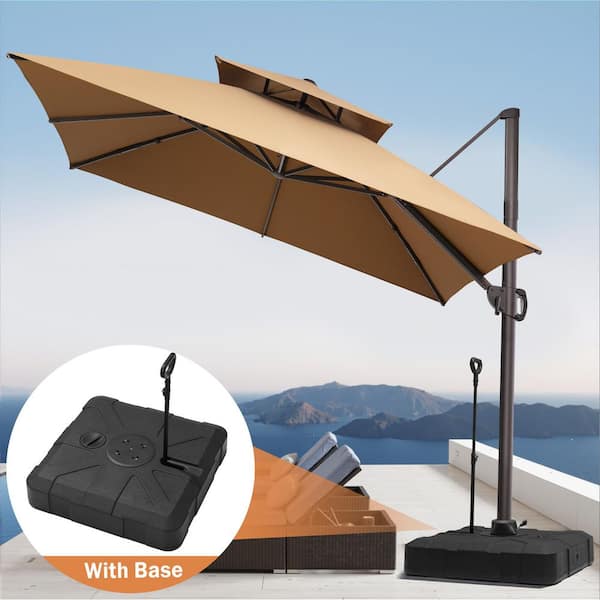 2-Tier Top 11 ft. Square Aluminum 360° Rotation Cantilever Patio Umbrella in Tan with 300 lbs. HDPE Wheeled Stand