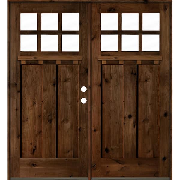 72 in. x 80 in. Craftsman Knotty Alder Wood Clear 6-Lite Provincial Stained Left Active Double Prehung Front Door