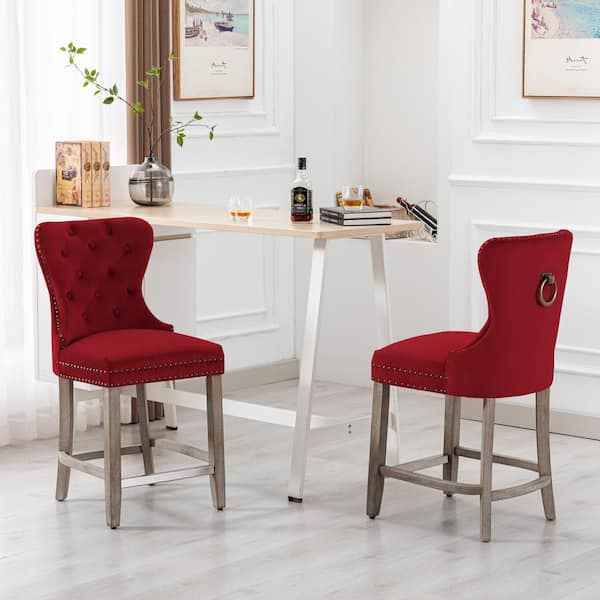 Harper 24 in. in Red Velvet Tufted Wingback Kitchen Counter Bar Stool with Solid Wood Frame in Antique Gray (Set of 2)