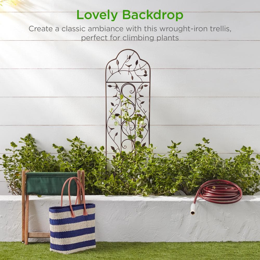 Bronze Iron Arched Garden Trellis with Bird and Branch Design