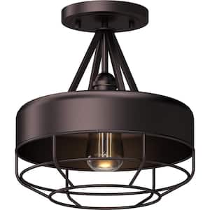 12 in. W x 12 in. H 1-Light Indoor Antique Bronze Industrial Semi-Flush Mount Ceiling Light Fixture with Wired Bowl