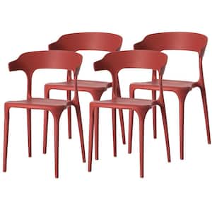 Modern Plastic Outdoor Dining Chair with Open U Shaped Back in Red (Set of 4)
