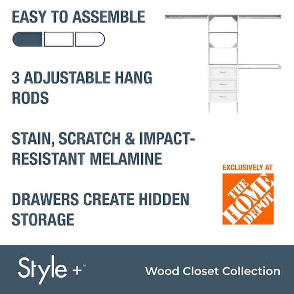 Style+ 73.1 in W - 121.1 in W White Traditional Style Basic Plus Wood Closet System Kit