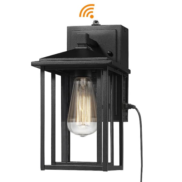 JAZAVA Black Motion Sensing Dusk to Dawn Built-in GFCI Outlet Hardwired Outdoor Wall Lantern Scone with No Bulbs Included