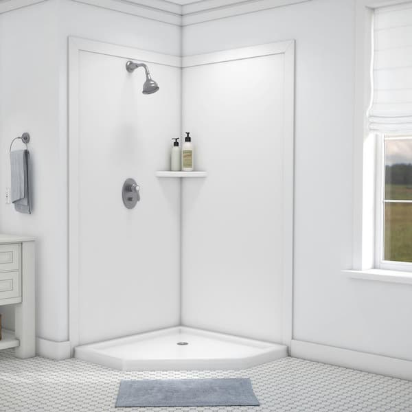 FlexStone Splendor 40 in. x 40 in. x 80 in. 7-Piece Easy Up Adhesive Corner Shower Wall Surround in White