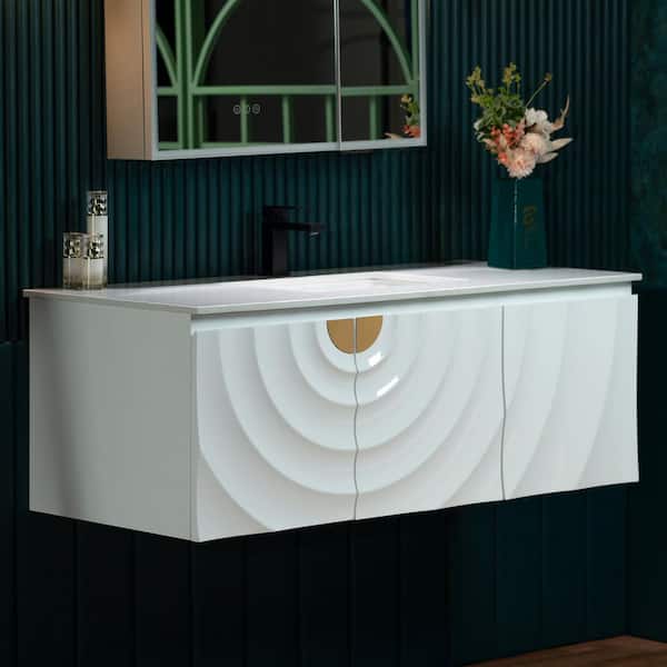 48 in. W x 22 in. D Single Sink Floating Bath Vanity in White with White Engineered stone Vanity Top
