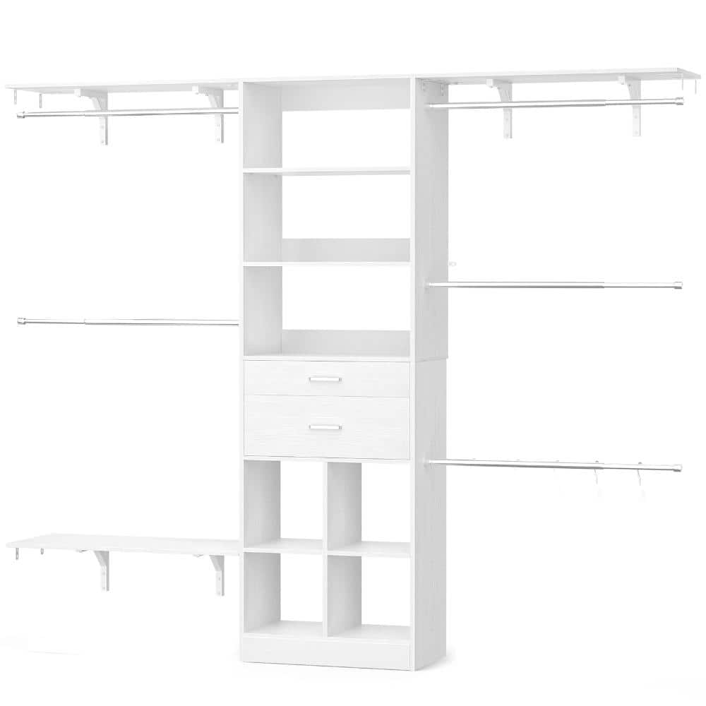 4.8-8  FT White Reach-In Wall Mount Closet System with Wooden Drawers & Cube Storage Organizer & Hanging Rods