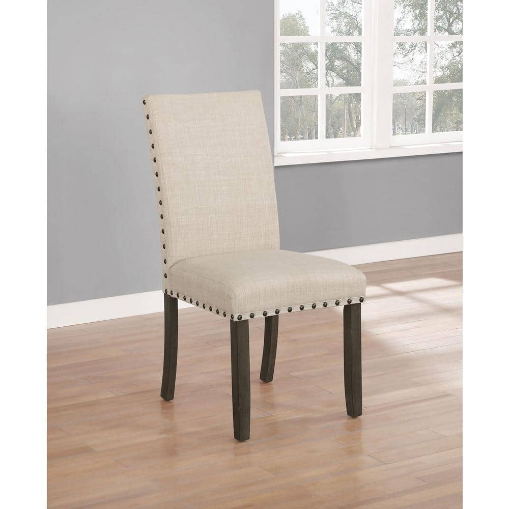 Elegant Beige Upholstered Parsons Side Chair in Rustic Brown Wood