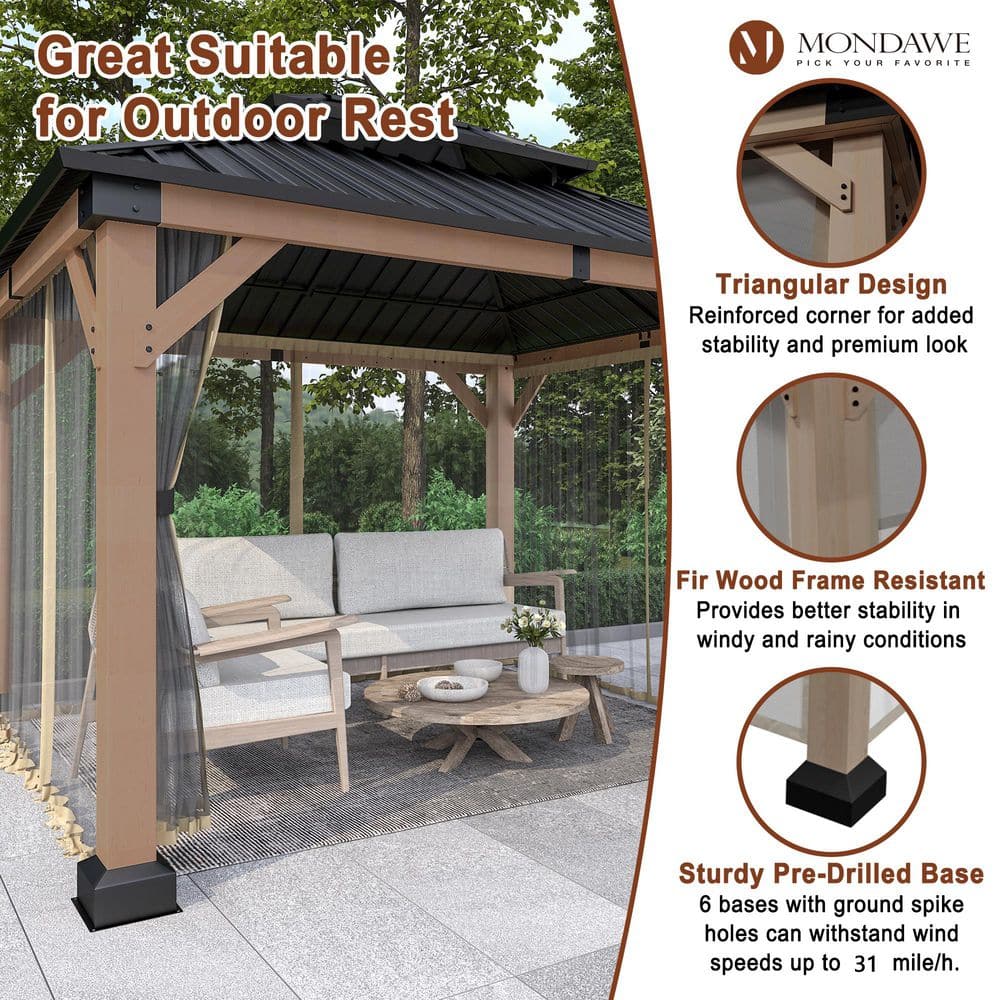 Mondawe 10'x12' Permanent Hardtop Gazebo Canopy Cedar Wood Framed Pavilion with Galvanized Steel Double Roof for Patio Lawn and Garden, Netting Included