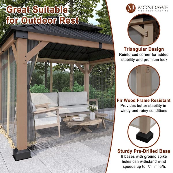 Beverly Hills 10 ft. x 12 ft. Cedar Wood Frame Outdoor Patio Gazebo with Galvanized Steel Double Hardtop and Netting