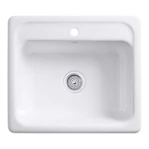 Mayfield Drop-In Cast Iron 25 in. 1-Hole Single Bowl Kitchen Sink in White with Basin Rack
