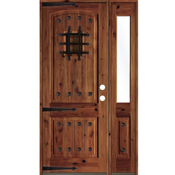 Krosswood Doors 50 in. x 96 in. Medit. Knotty Alder Left-Hand/Inswing Clear Glass Red Chestnut Stain Wood Prehung Front Door w/RHSL
