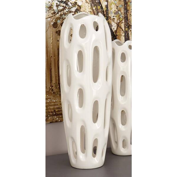 Litton Lane 21 in. Sunken Oval Lacquered White Ceramic Decorative Vase