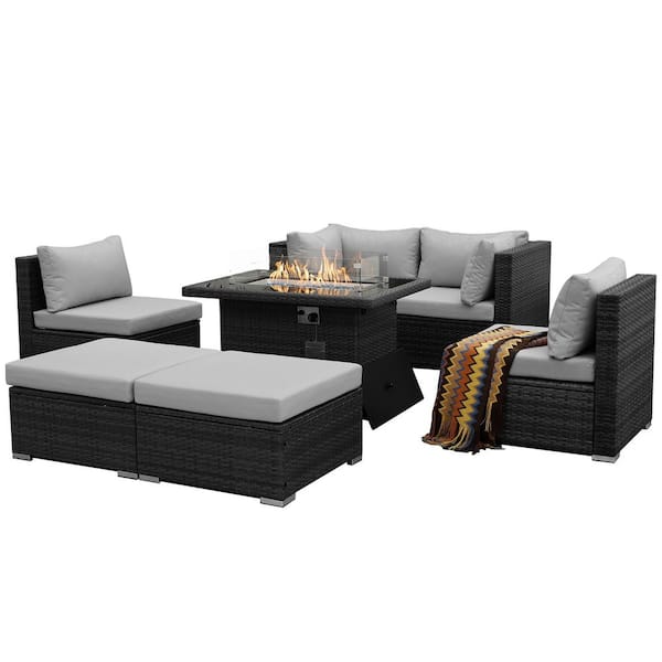 Luxury 7-Piece Charcoal Wicker Patio Fire Pit Conversation Sectional Deep Seating Sofa Set with Light Grey Cushions