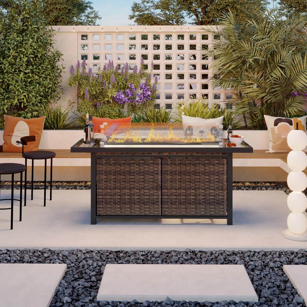Brown 57 in. Rattan Wicker Rectangular 50,000 BTU Propane Gas Fire Pit Tabl