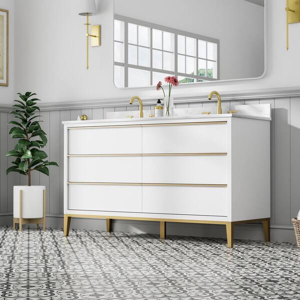 60 in. Freestanding Undermount Double Sink White Bath Vanity with White Quartz Top