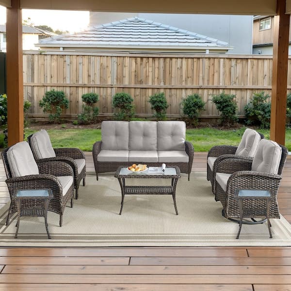 Opohoro Brown 8-Piece Wicker Patio Conversation Set with Swivel Rockers, Outdoor Sofa Seating Set with Olefin Beige Cushions