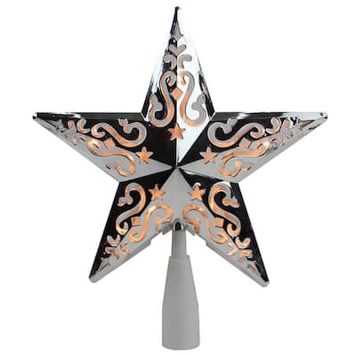 8.5 in. Silver Star Cut-Out Design Christmas Tree Topper - Clear Lights