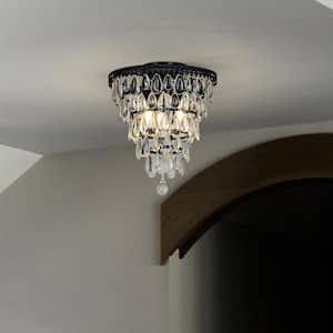 12 in. 3-Lights Antique Black LED Glam Flush Mount Ceiling Light with Teardrop Glass