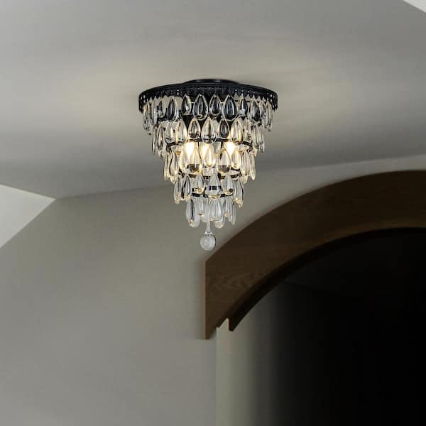 ALOA DECOR 12 in. 3-Lights Antique Black LED Glam Flush Mount Ceiling Light with Teardrop Glass