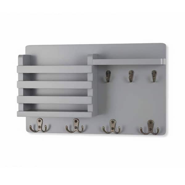 16.8 in. W x 3.2 in. D Gray Wood Decorative Wall Shelf, Mail Holder for Wall Mail Organizer with 7 Key Hooks
