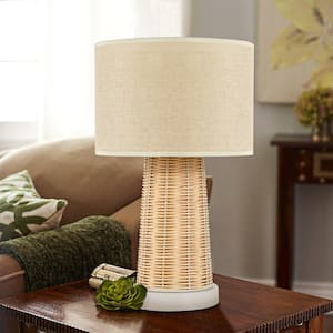 15.4 in. Farmhouse Handmade Rattan Table Lamps Modern Natural Rattan Wicker Oatmeal Drum Shade Nightstand (Set of 2)