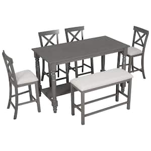 6-Pieces Wood Top Counter Height Dining Table Set with Storage Shelf, 4 Cushioned Chairs and 1 Bench for Kitchen, Gray