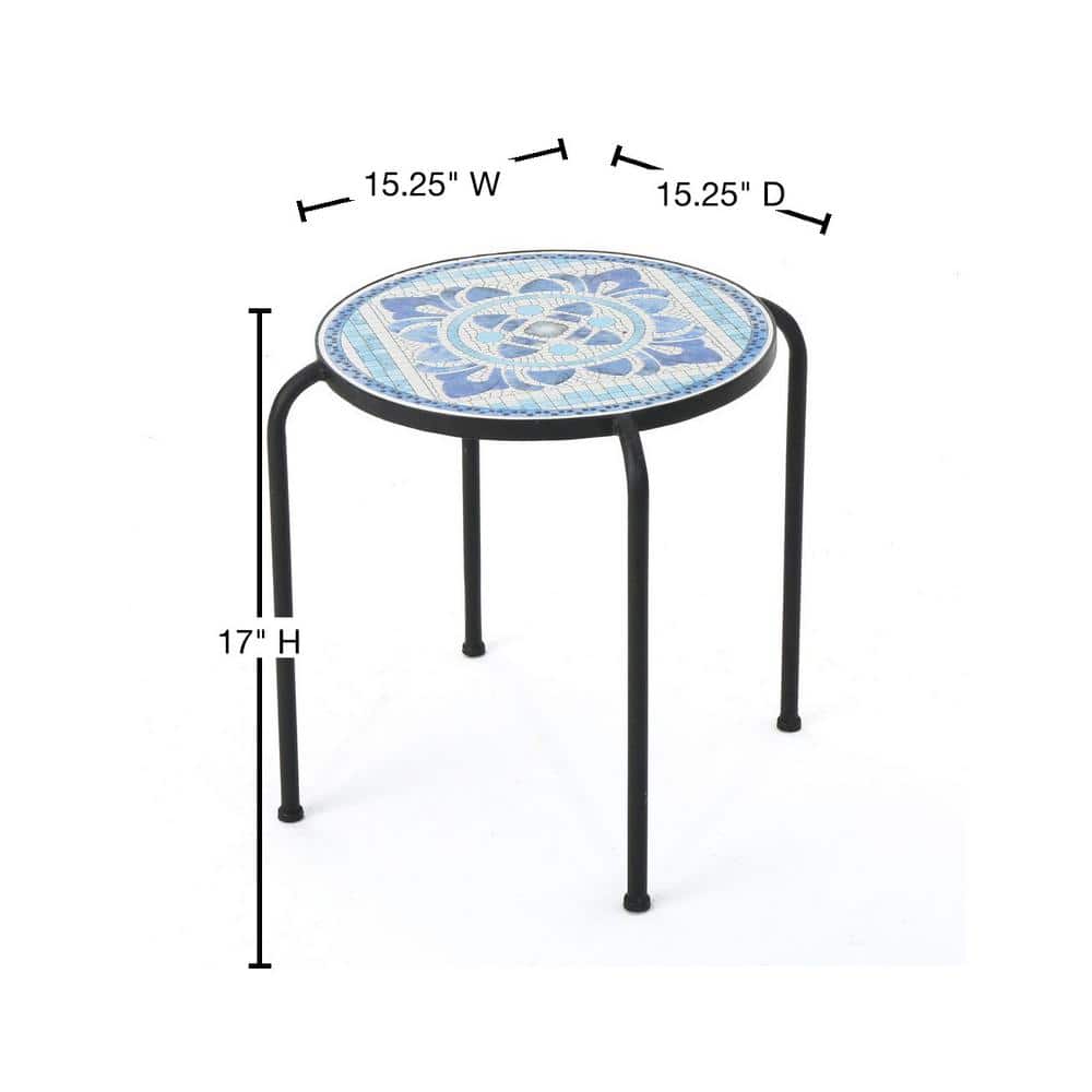 Blue and White Ceramic Tile Outdoor Side Table with Black Iron Frame
