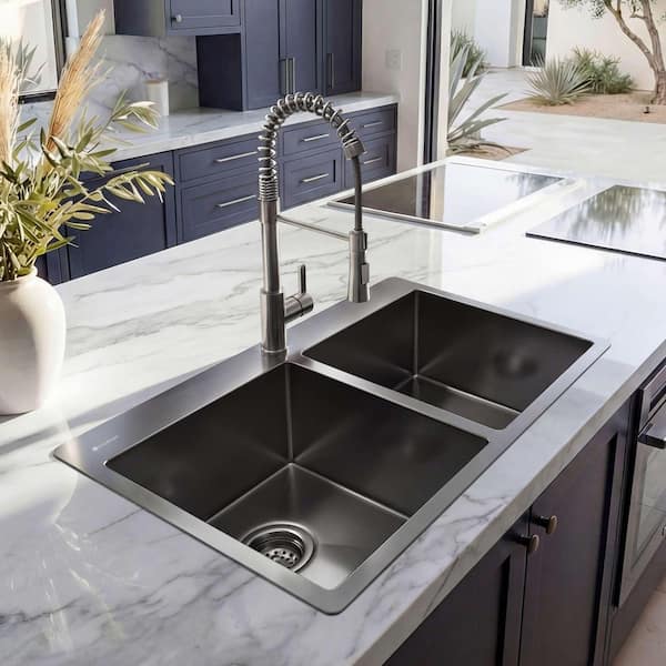 33 in. Drop-In Double Bowl 18 Gauge Gunmetal Black Stainless Steel Kitchen Sink with Black Spring Neck Faucet