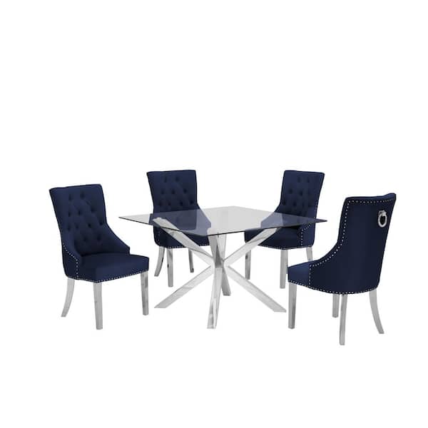 Best Quality Furniture Anitta 5-Piece Square Glass Top With Stainless Steel Base Table Set With 4 Navy Blue Velvet Chair W/Stainless Steel Legs