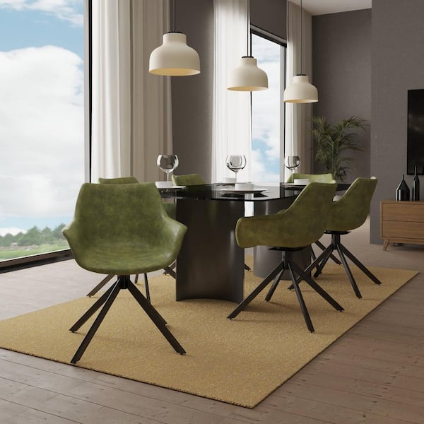 Swivel Dining Chair with Leather Seat and Iron Legs Modern Accent Side Armchairs in Green