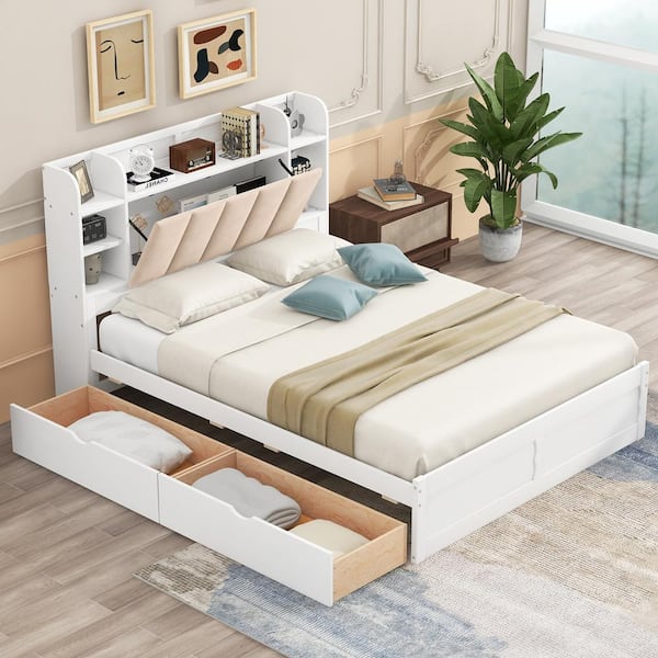 Harper & Bright Designs White Wood Frame Queen Platform Bed with 2 ...