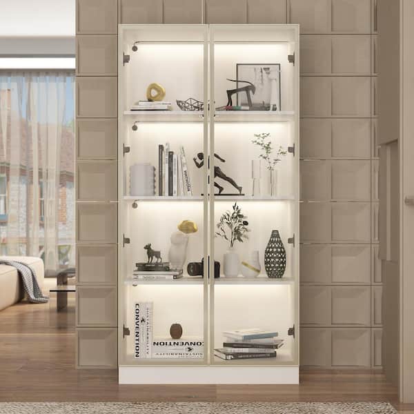 FUFU&GAGA 63 in. Tall White Wood 3-Shelf Bookcase Bookshelf With 3-Color LED Lights and Tempered Glass Doors