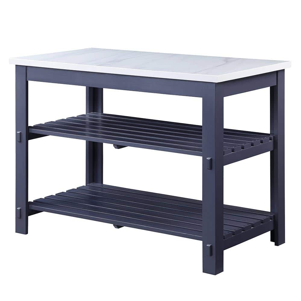 Gray Wooden Kitchen Island with Marble Top and Shelves