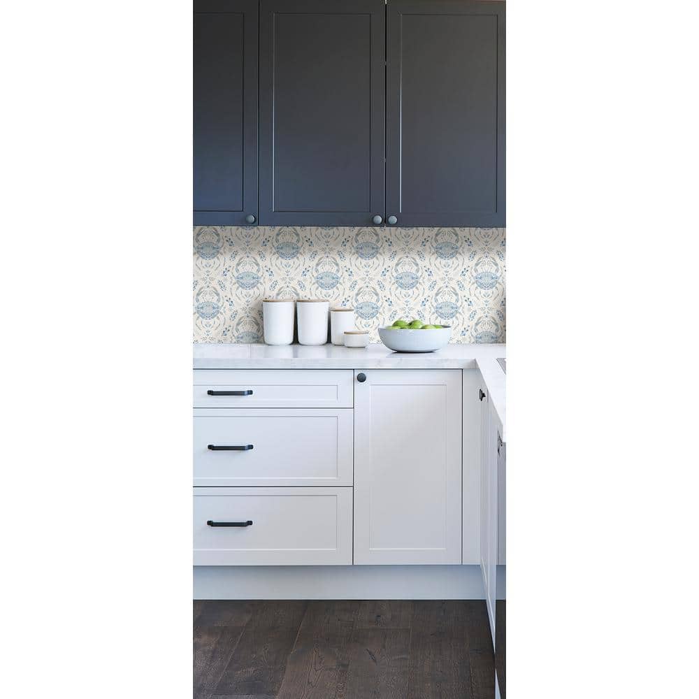 Blue and White Vinyl Damask Peel and Stick Wallpaper