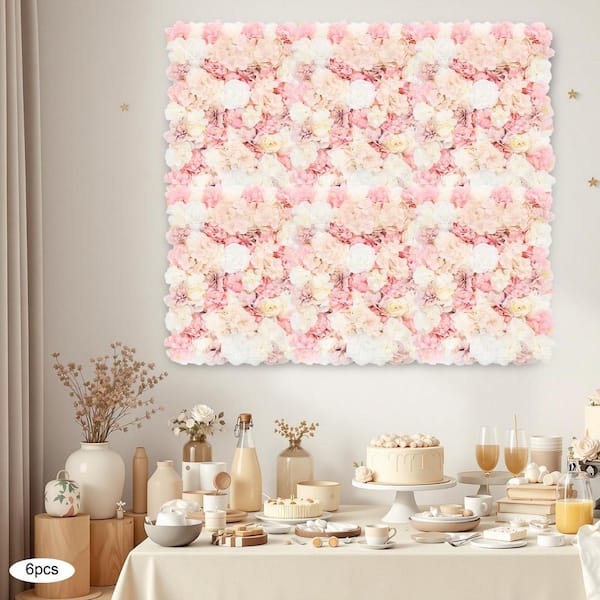 6-Piece 23.62 in. x 15.74 in. White and Pink Artificial Rose Flower Wall Panel for Wedding Decor
