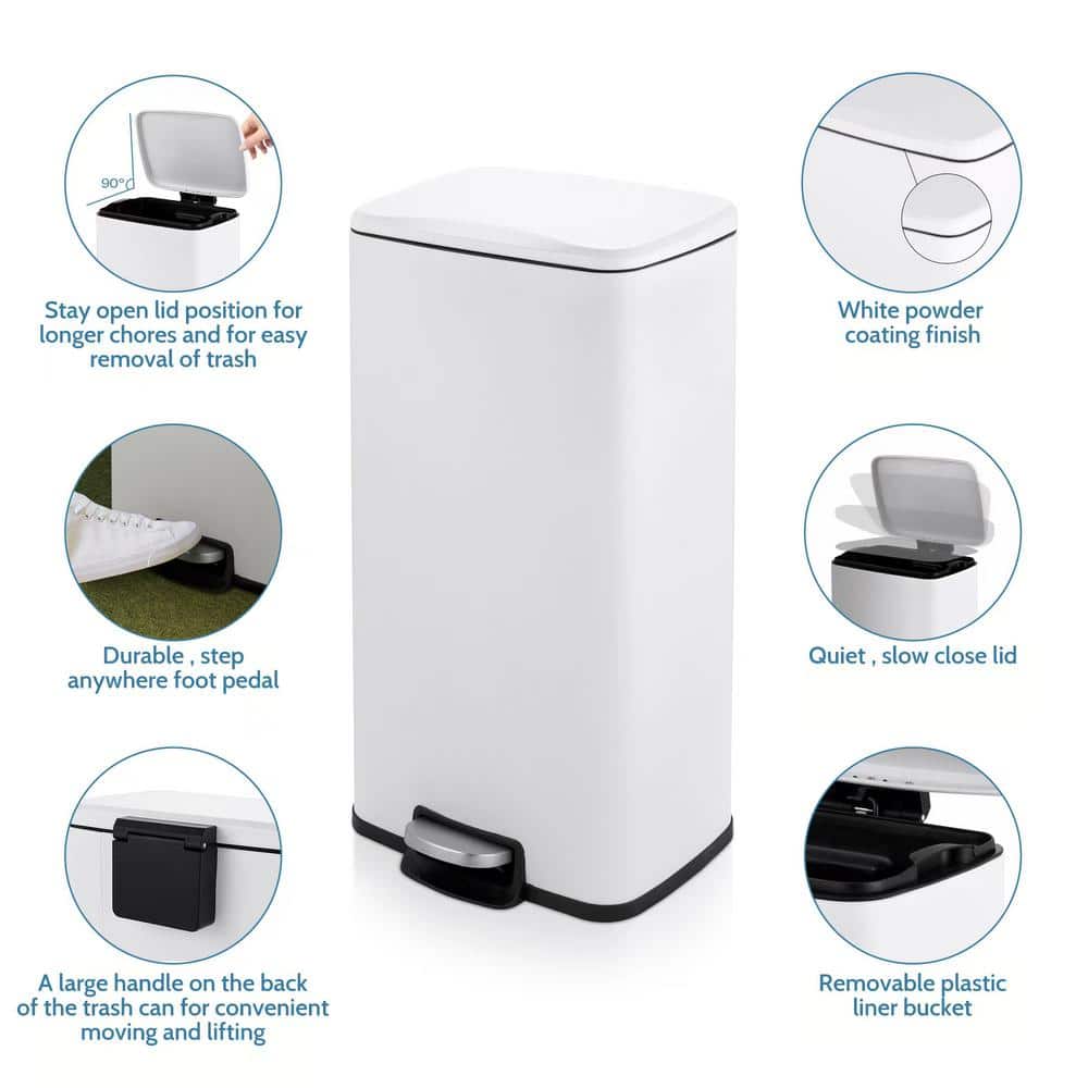 8 Gallon Matt White Stainless Steel Step-On Trash Can