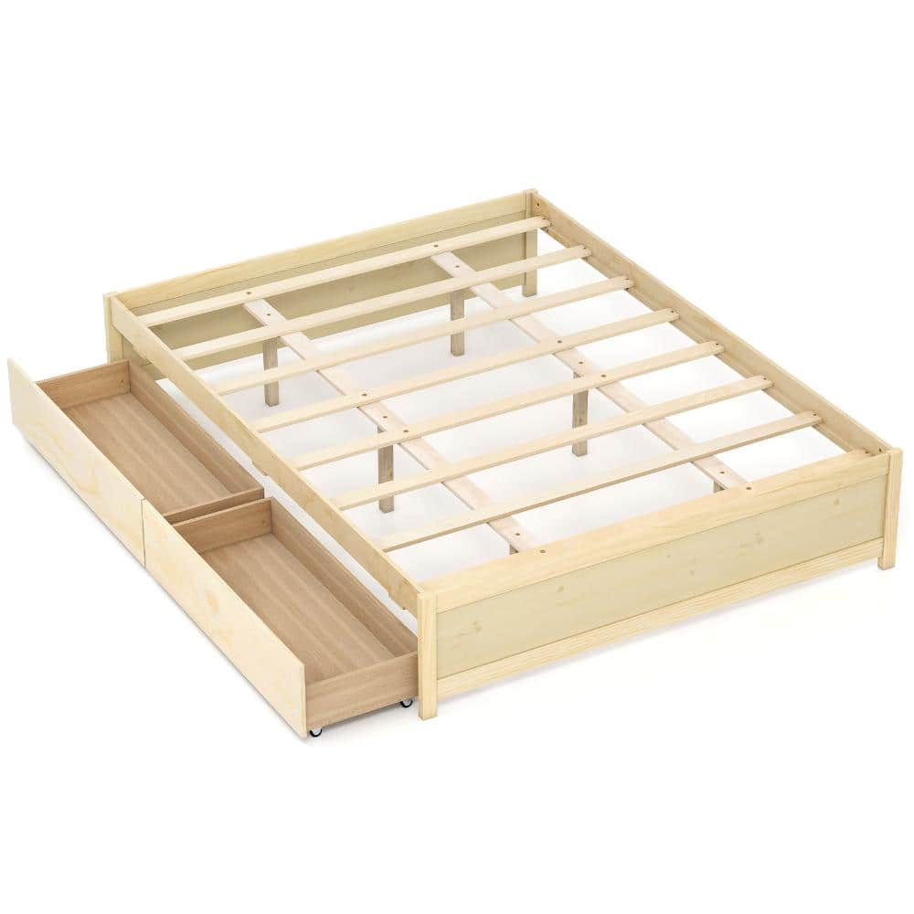 Queen Wood Captain Bed Frame with 2 Reversible Rolling Drawers and 8 Plywood Slats, Natural