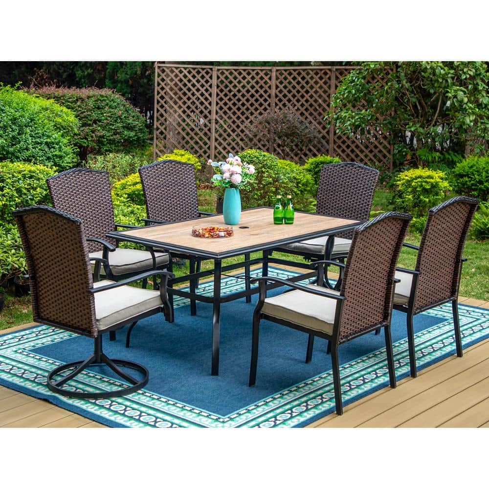 PHI VILLA Black 7-Piece Metal Outdoor Dining Set with Wood-Look Patio ...