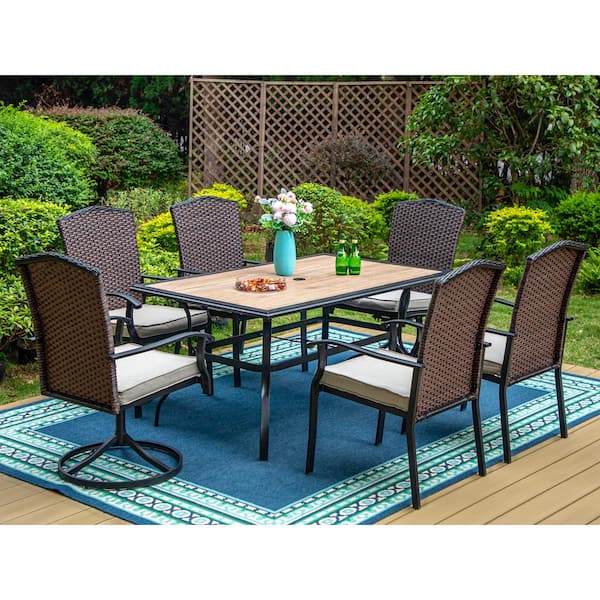 PHI VILLA Black 7-Piece Metal Outdoor Dining Set with Wood-Look Patio Umbrella Table and Rattan Chairs with Beige Cushion