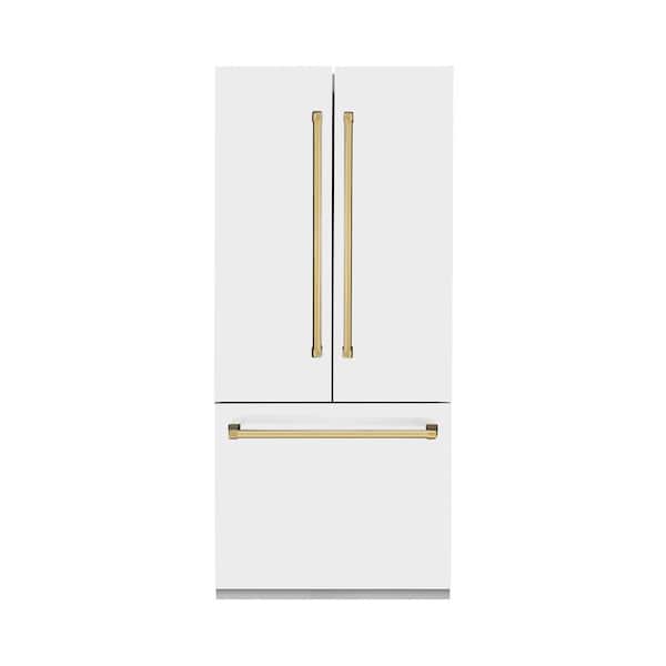 ZLINE Kitchen and Bath Autograph Edition 36 in. 3-Door French Door Refrigerator w/ Ice & Water Dispenser in White Matte & Polished Gold